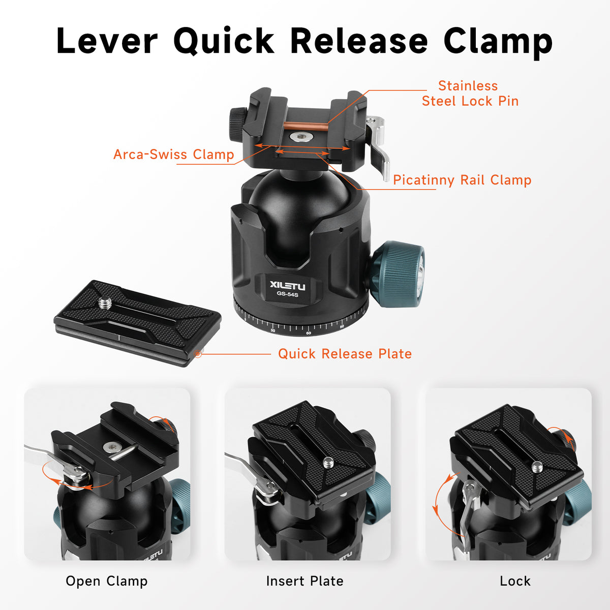 XILETU GS‑54S Low‑Profile Tripod Ball Head, Independent Damping Lock, Arca‑Swiss Quick‑Release for DSLR & Mirrorless Cameras