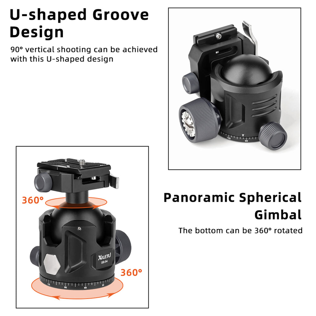 XILETU GS‑54 Aluminum 360° Panoramic Ball Head, 77lbs/35kg Max Load, Arca‑Swiss Compatible, Precision Support for Field & Photography