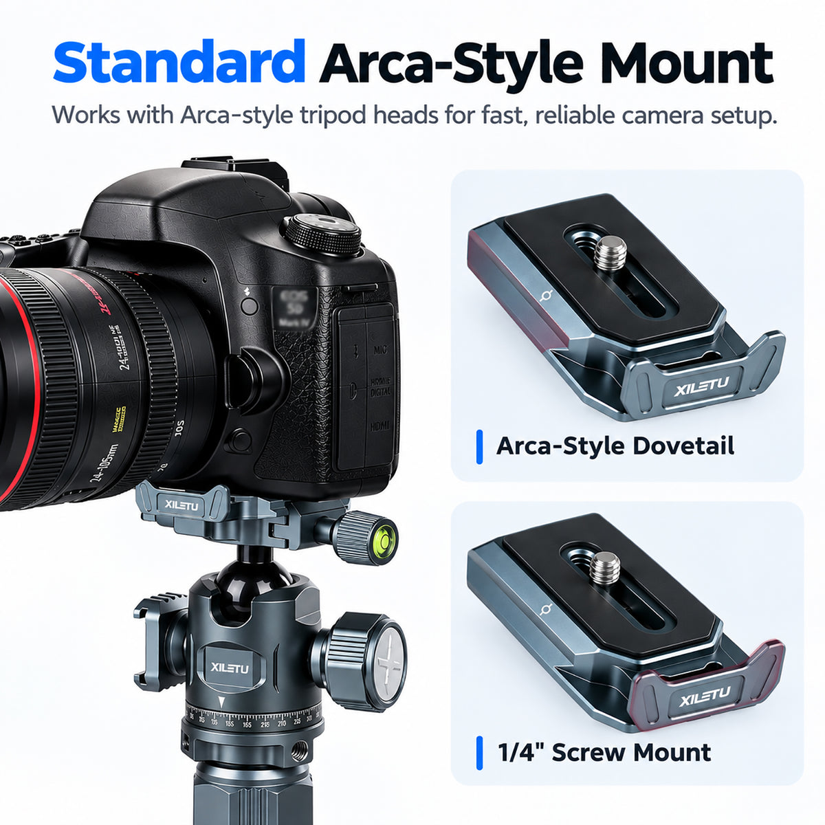 XILETU PU-65 Anti-Twist QR Plate Arca Swiss Camera Tripod Mount with Foldable Baffle 1/4" D-Ring Screw for DSLR Mirrorless Camera