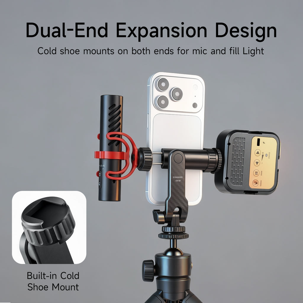 XILETU CP-10 360° Mobile Phone Clip Holder with Cold Shoe Mounts &1/4 Screw Phone Tripod Mount for Camera Smartphone Vlog
