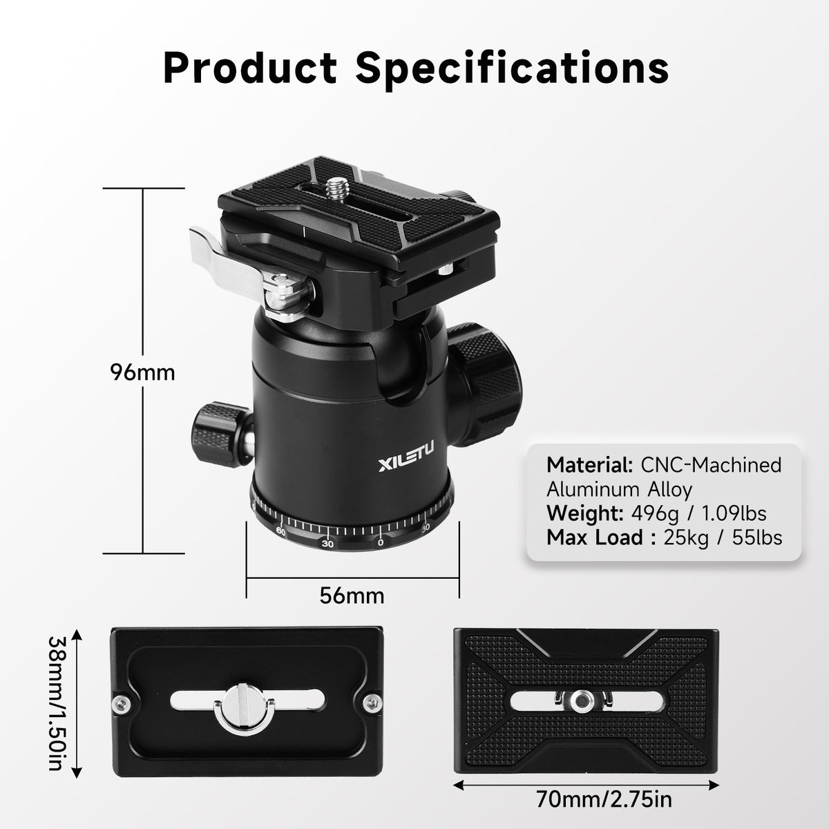 XILETU JS-44S Low‑Profile Ball Head Arca‑Swiss Quick‑Release Tripod Head Independent Damping Lock for DSLR Mirrorless Camera