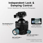 XILETU GS‑54S Low‑Profile Tripod Ball Head, Independent Damping Lock, Arca‑Swiss Quick‑Release for DSLR & Mirrorless Cameras
