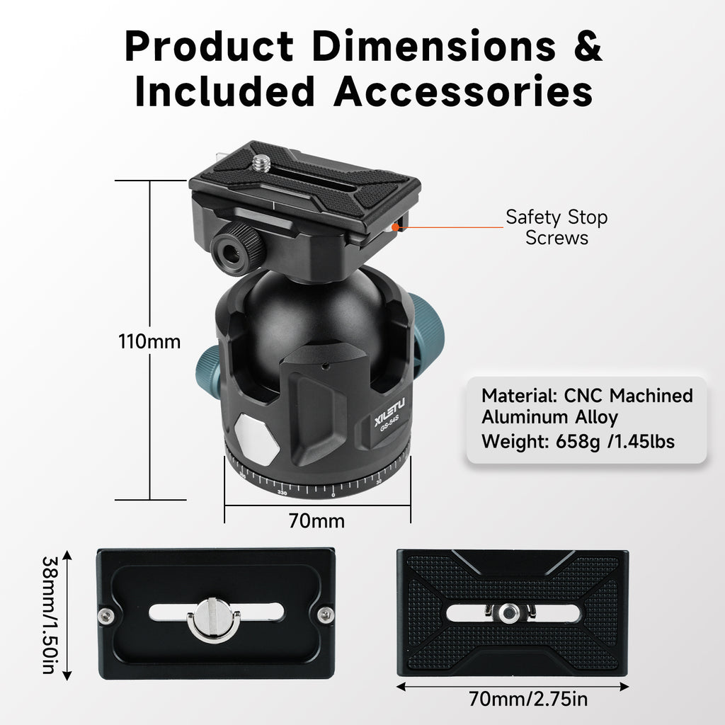 XILETU GS‑54S Low‑Profile Tripod Ball Head, Independent Damping Lock, Arca‑Swiss Quick‑Release for DSLR & Mirrorless Cameras