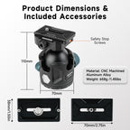 XILETU GS‑54S Low‑Profile Tripod Ball Head, Independent Damping Lock, Arca‑Swiss Quick‑Release for DSLR & Mirrorless Cameras