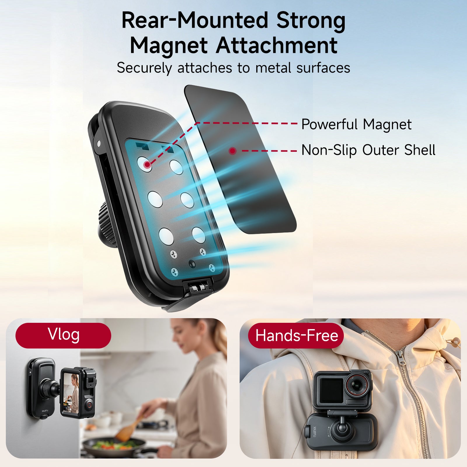XILETU Magnetic Quick‑Release Backpack Clamp, 360° Ball‑Head Vlog Mount for Backpack Strap, DJI Action 6 & Nano