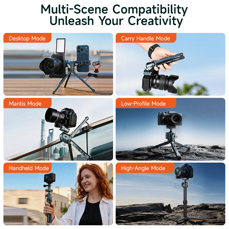 XILETU MT15+MG25Q Desktop Photography Tripod Dual Cold Shoe Mini Ball Head Portable Handheld Stand for Camera Phone Vlog Shooting