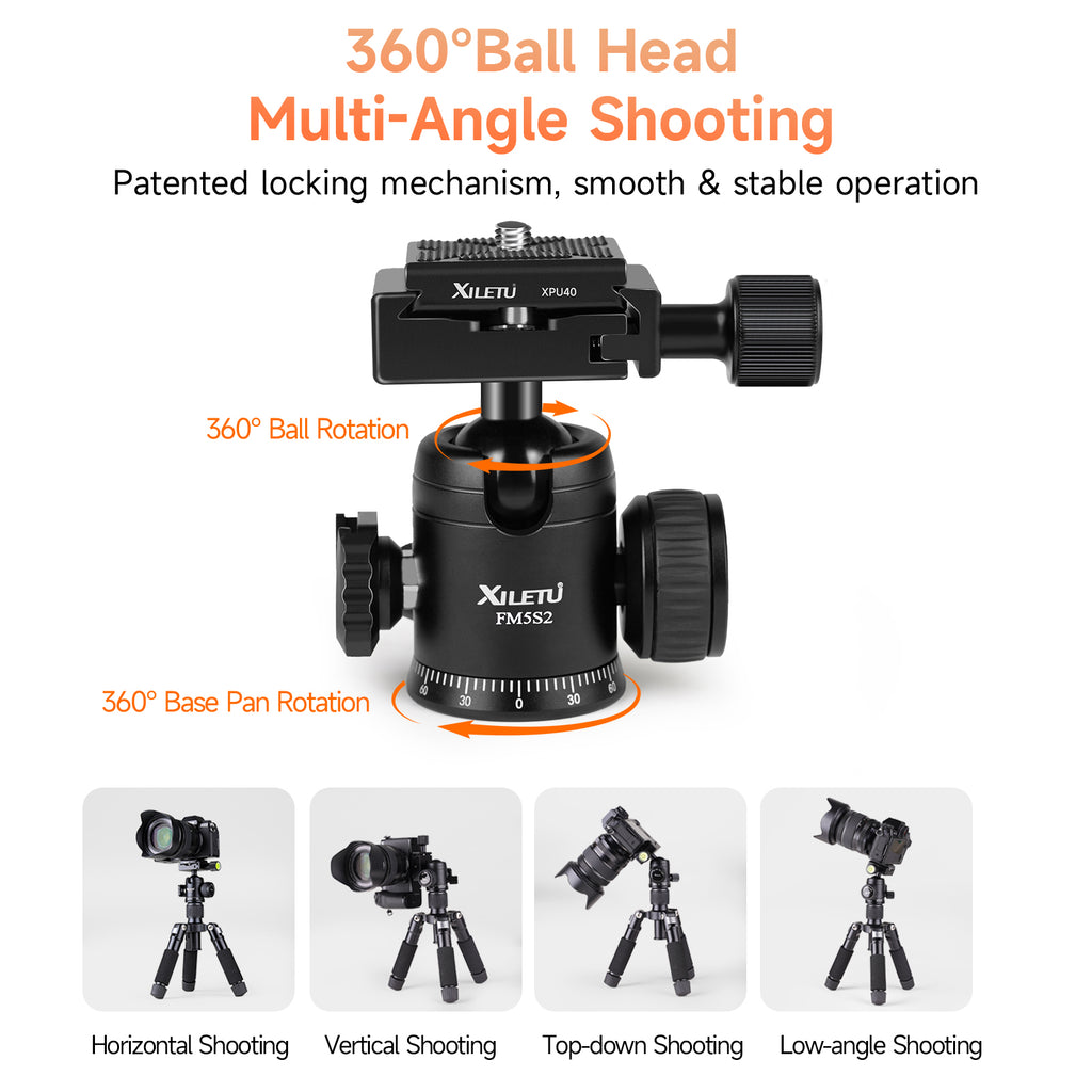 XILETU FM-5S Lightweight 5-Section Tripod Adjustable Height Detachable Cold Shoe for DSLR Mirrorless Telephoto Lens