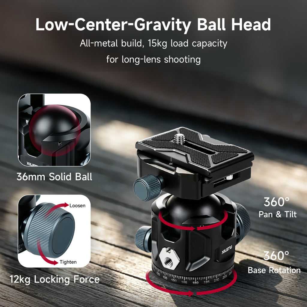 XILETU G-36 Metal Low‑Profile Ball Head, ARRI Locating Hole & Side 1/4" Port, Dual‑Device for DSLR Mirrorless Vlog Live Streaming