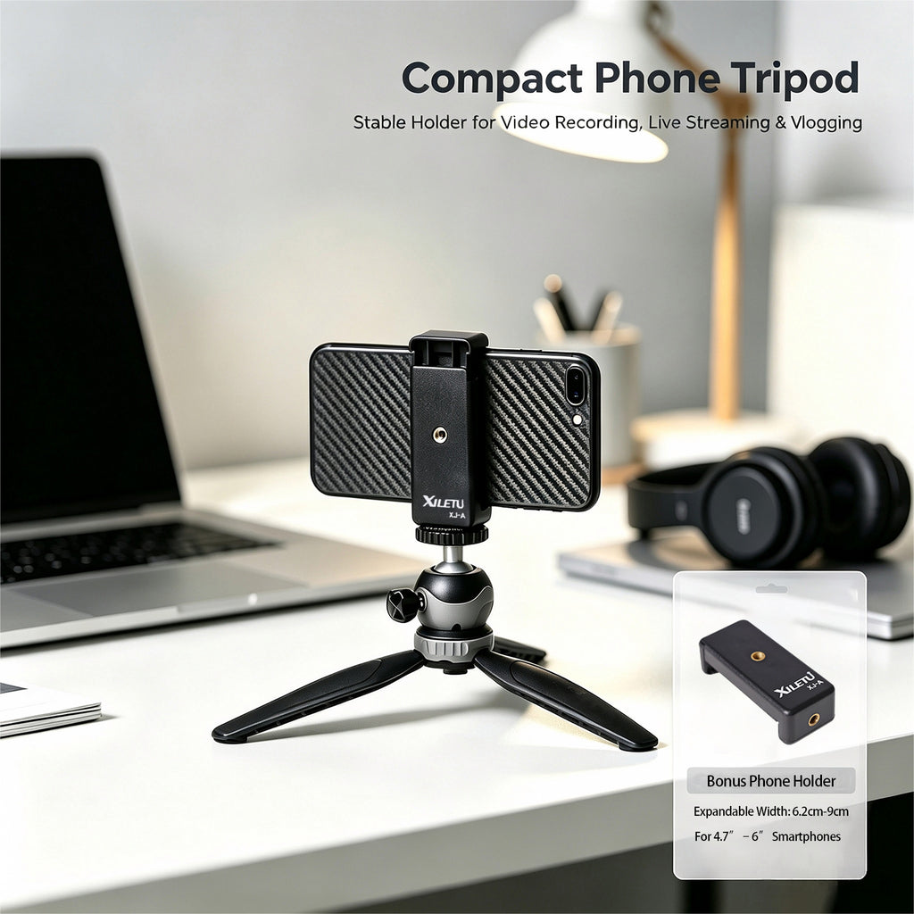 XILETU XS20+XJA Mini Tabletop Tripod Desktop Phone Holder Stand with Clip and Ball Head for iPhone Cell Phone Smartphone DSLR Camera
