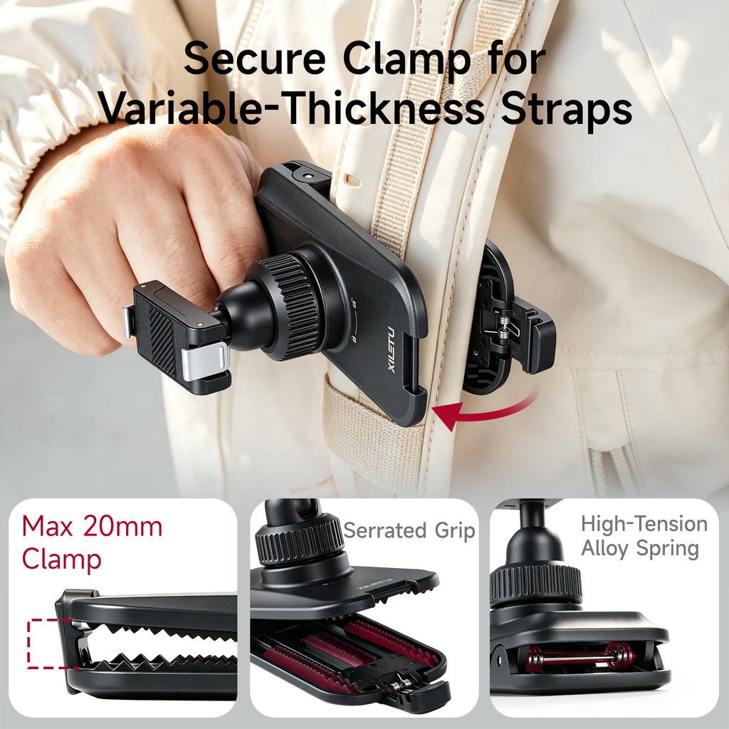 XILETU Magnetic Quick‑Release Backpack Clamp, 360° Ball‑Head Vlog Mount for Backpack Strap, DJI Action 6 & Nano