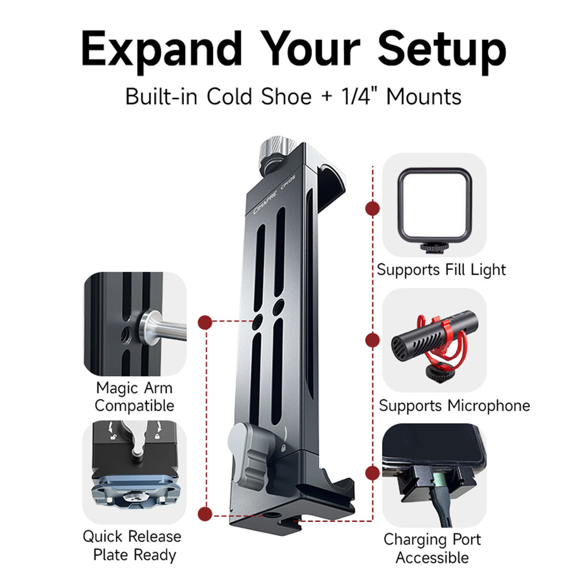 XILETU CP-12S 335mm Phone Tablet Mount, Aluminum Holder Cold Shoe Arca Swiss for iPad Pro 12.9 11 Air iPhone Tripod