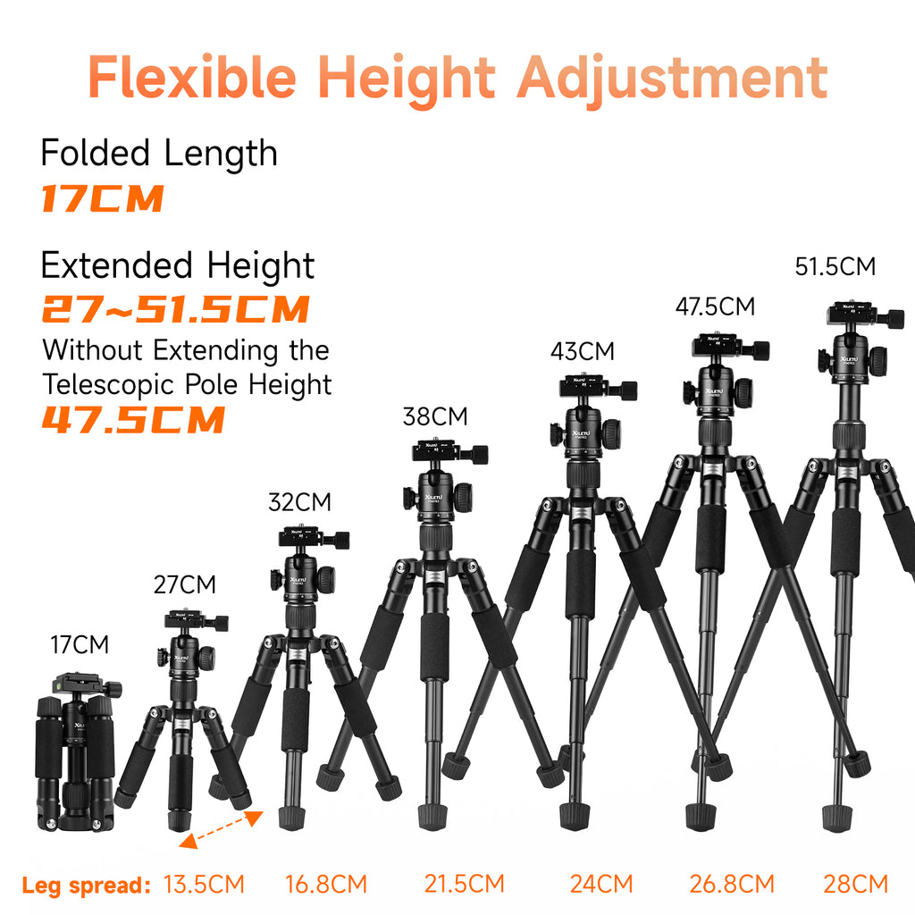 XILETU FM-5S Lightweight 5-Section Tripod Adjustable Height Detachable Cold Shoe for DSLR Mirrorless Telephoto Lens
