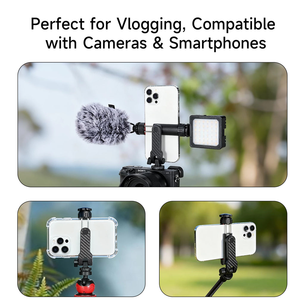 XILETU CP-10 360° Mobile Phone Clip Holder with Cold Shoe Mounts &1/4 Screw Phone Tripod Mount for Camera Smartphone Vlog