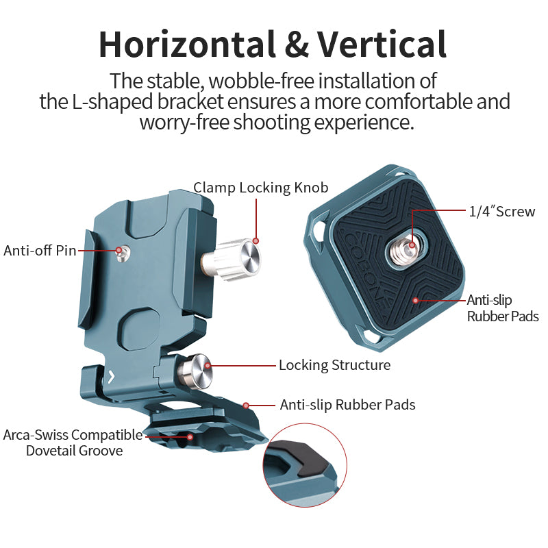 XILETU XQL-1 Foldable L-Bracket Arca-Swiss QR Plate with Dovetail Base for Vertical/Horizontal Shooting, Tripod/DSLR Cameras