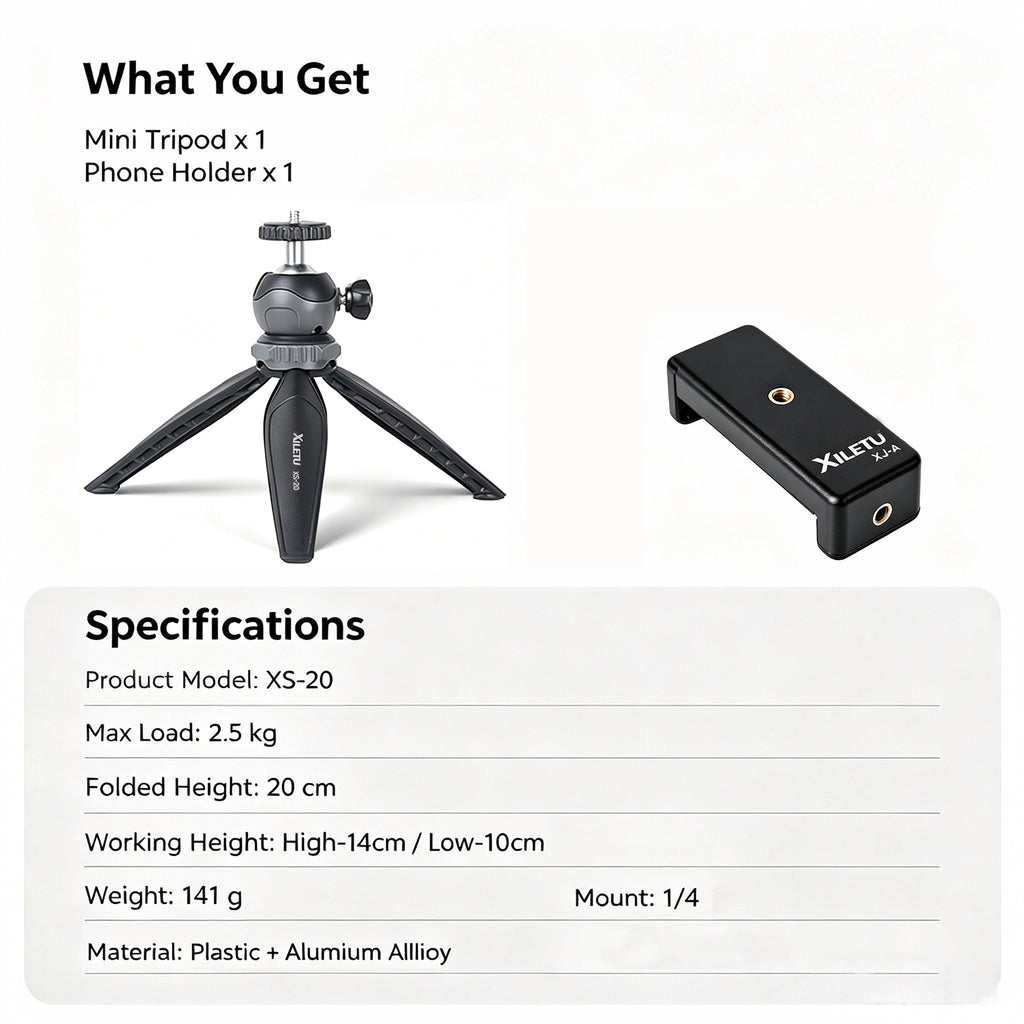 XILETU XS20+XJA Mini Tabletop Tripod Desktop Phone Holder Stand with Clip and Ball Head for iPhone Cell Phone Smartphone DSLR Camera