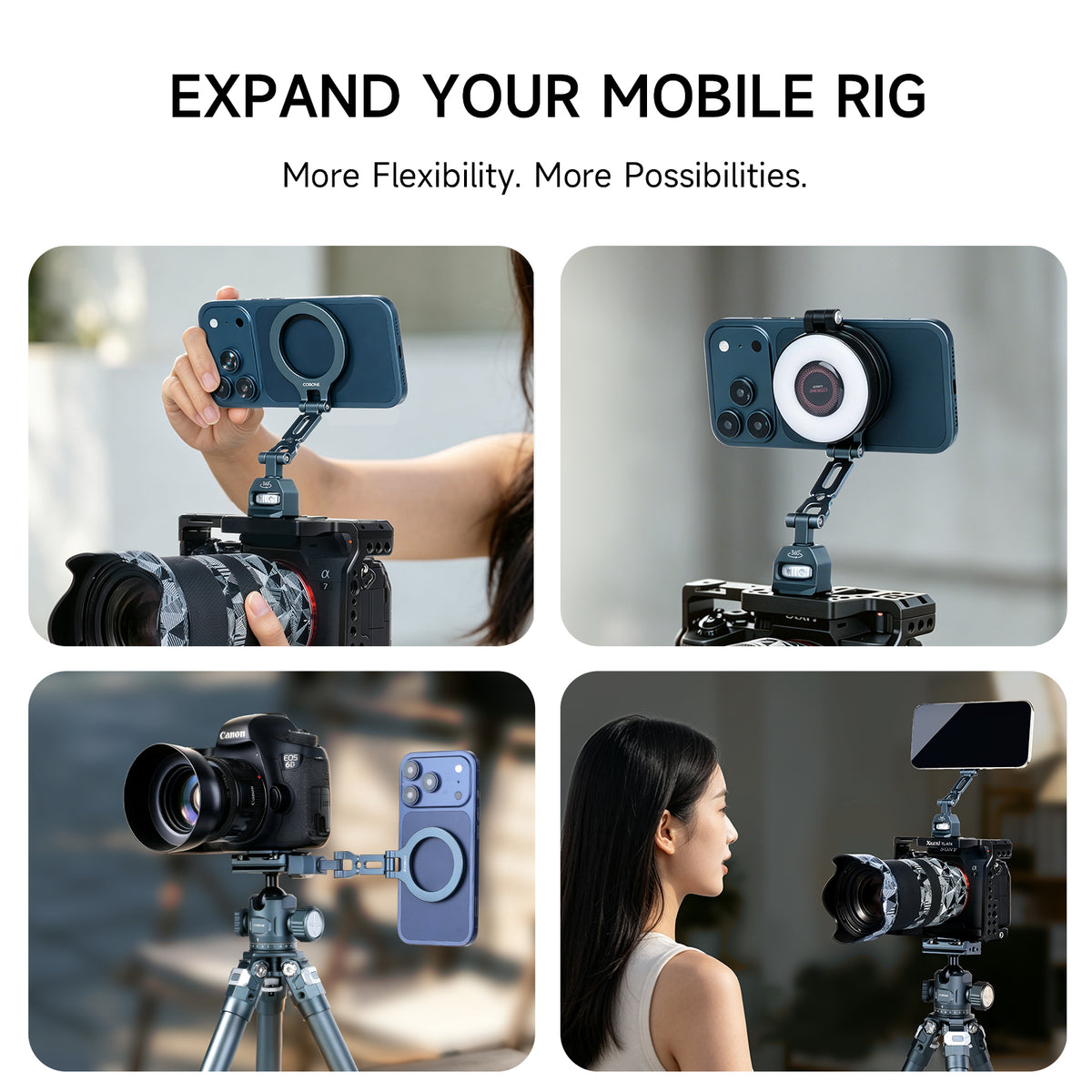 XILETU QPQ-T2 Camera Cage Phone Mount, Dual-Sided Magnetic Holder, Phone Extension Arm, 1/4"-20 Mount for Filmmaking