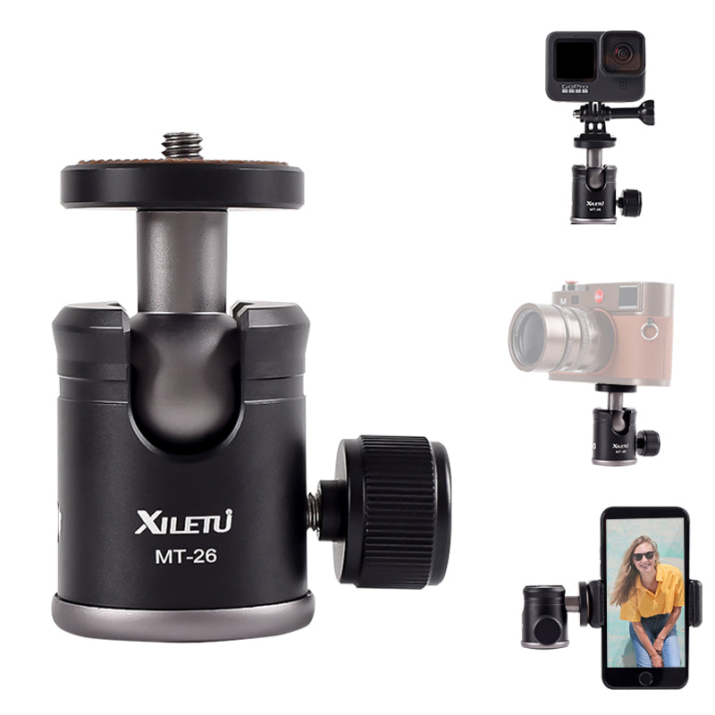 XILETU MT-26 Metal Mini Ball Head 1/4" Ball Head For Tripod DSLR Camera Tripod Mount 360 Rotating Mount Base Adapter