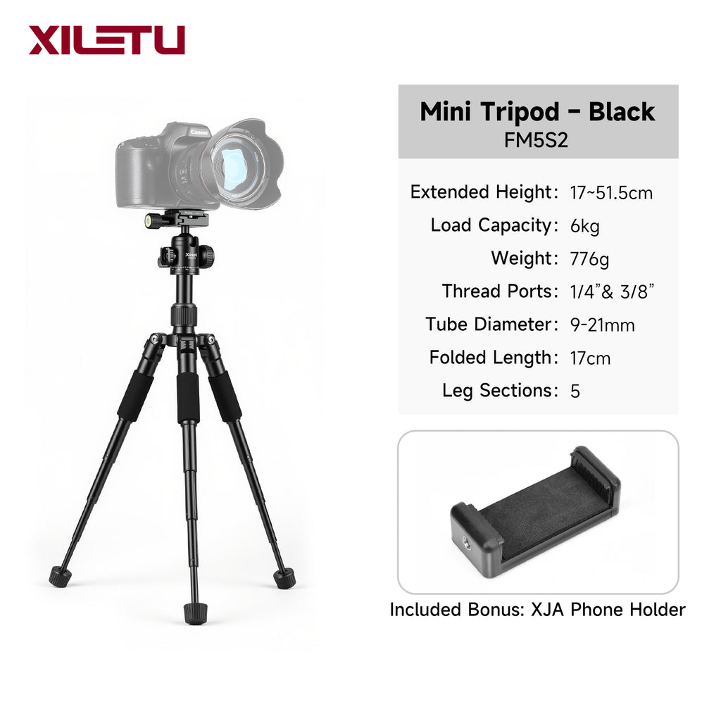XILETU FM-5S Lightweight 5-Section Tripod Adjustable Height Detachable Cold Shoe for DSLR Mirrorless Telephoto Lens