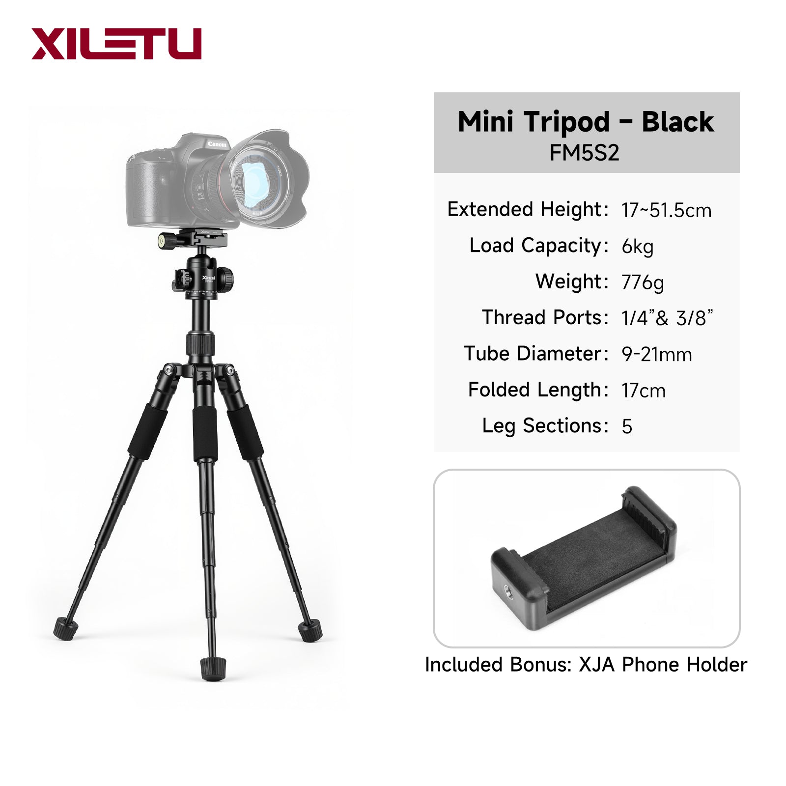 XILETU FM-5S Lightweight 5-Section Tripod Adjustable Height Detachable Cold Shoe for DSLR Mirrorless Telephoto Lens