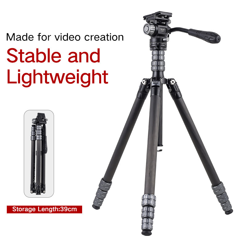 XILETU X224C+LS1 Portable Carbon Fiber Tripod Reverse Folding Design Hydraulic Head QR Plate 13lbs Load for DSLR Mirrorless Camera Phone
