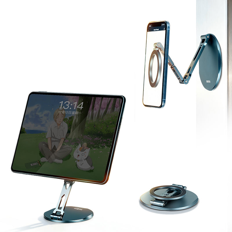 XILETU XJ-27 Metal Magnetic Tablet Phone Stand Holder, Foldable Dual Adsorption for iPad iPhone Portable Desktop Live Streaming Selfie