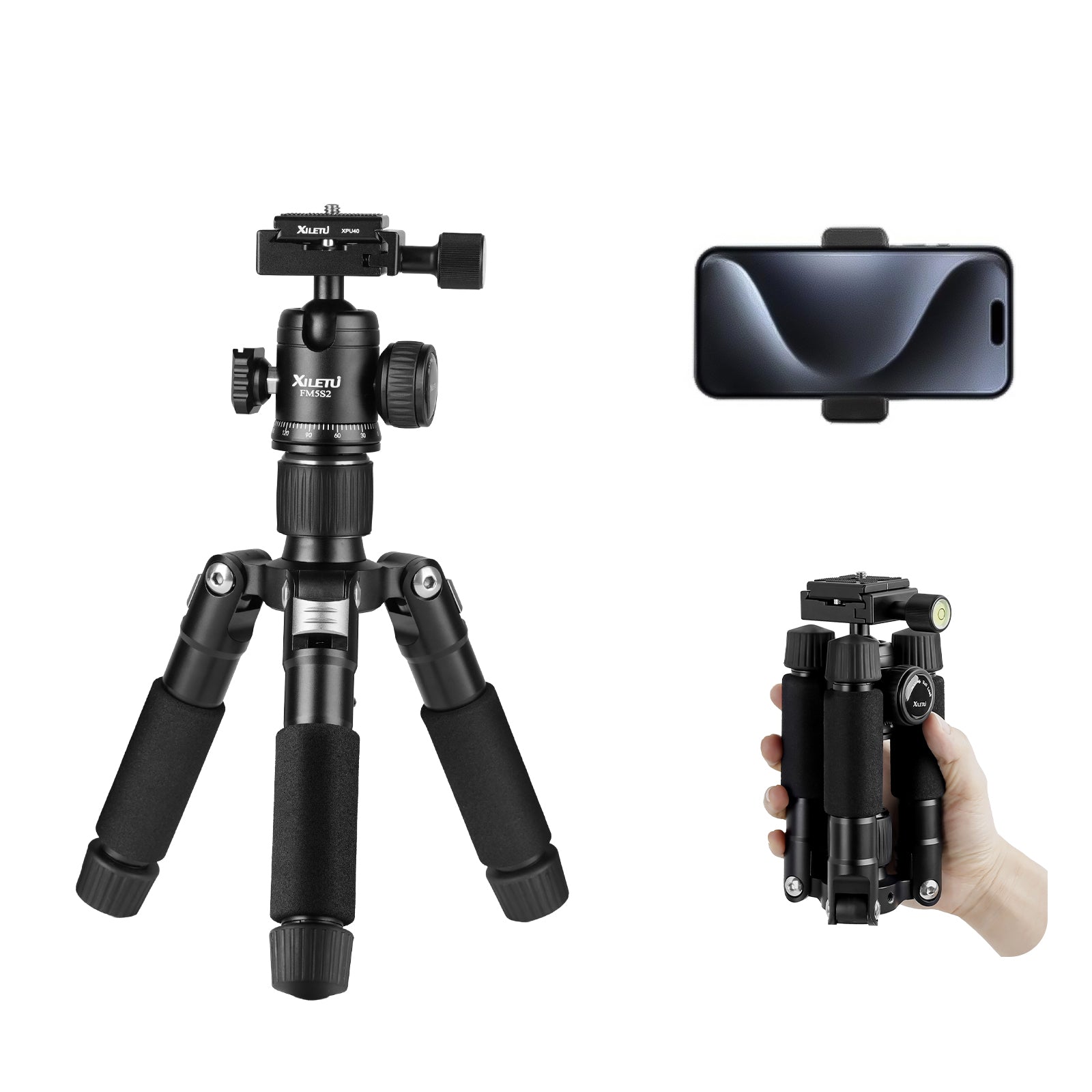 XILETU FM-5S Lightweight 5-Section Tripod Adjustable Height Detachable Cold Shoe for DSLR Mirrorless Telephoto Lens