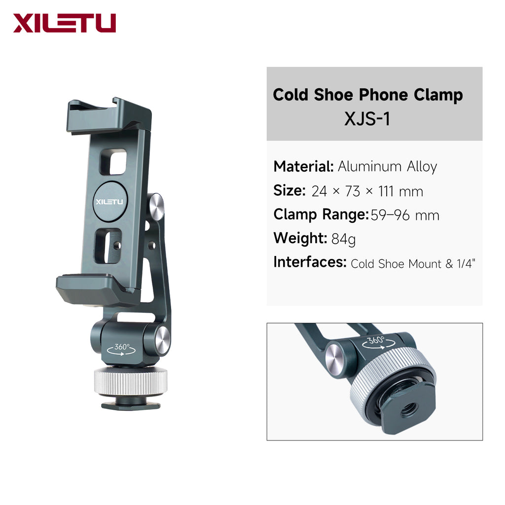 XILETU Aluminum Cold Shoe Phone Mount for DJI RS Stabilizer, 360° Adjustable HV Bracket for Camera Monitor Live Streaming
