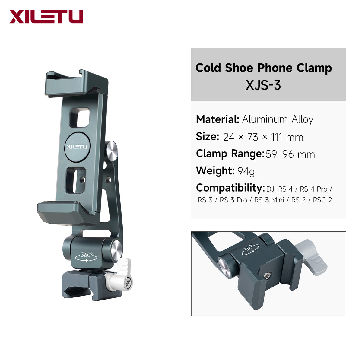 XILETU Aluminum Cold Shoe Phone Mount for DJI RS Stabilizer, 360° Adjustable HV Bracket for Camera Monitor Live Streaming